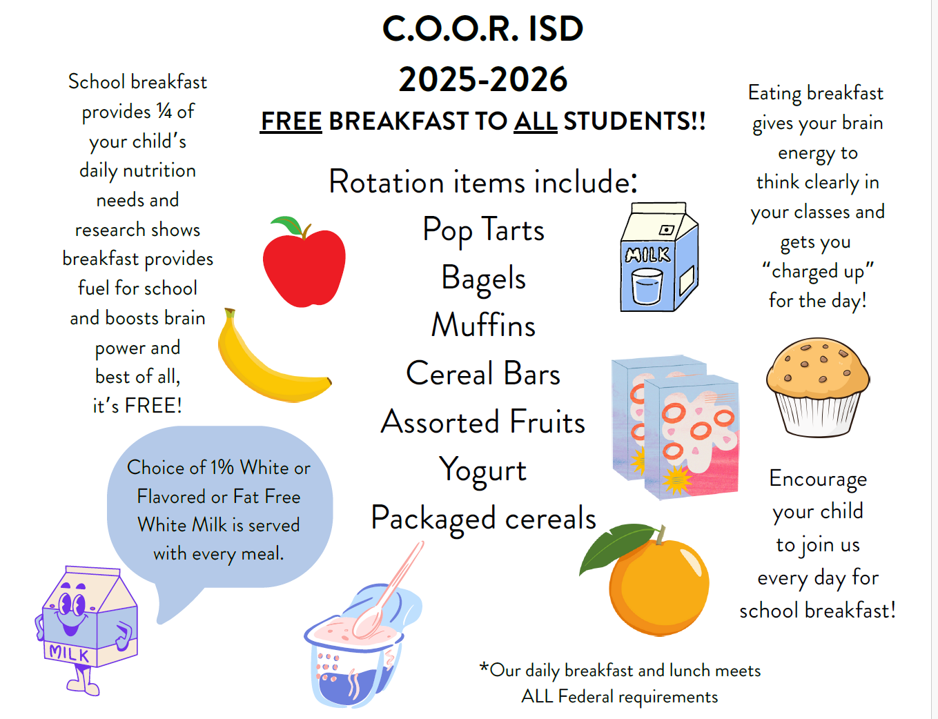 C.O.O.R. ISD 2025-2026 FREE BREAKFAST TO ALL STUDENTS!!   School breakfast provides ¼ of your child’s daily nutrition needs and research shows breakfast provides fuel for school and boosts brain power and best of all, it’s FREE!   Choice of 1% White or Flavored or Fat Free White Milk is served with every meal.  *Our daily breakfast and lunch meets ALL Federal requirements   Encourage your child to join us every day for school breakfast!  Eating breakfast gives your brain energy to think clearly in your classes and gets you “charged up” for the day!  Rotation items include: Pop Tarts Bagels Muffins Cereal Bars Assorted Fruits Yogurt Packaged cereals