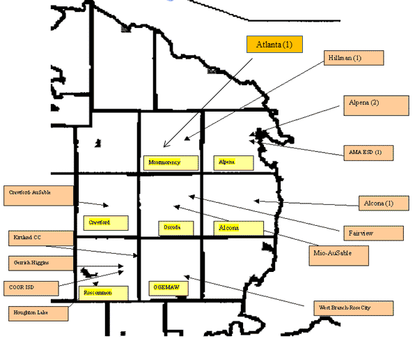 NMEC Membership: COOR ISD, Crawford AuSable School District, Fairview Area Schools, Roscommon Area School District, West Branch-Rose City Schools, Houghton Lake Community, Mio AuSable School, AMA ESD, Alpena Public Schools, Hillman Community Schools, ​Alcona Community Schools, Atlanta Community Schools, Kirtland Community College